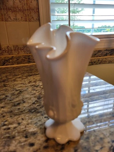 Milk Glass  6.25 x 4 inches Hankerchief Swung Vase with little etched flowers