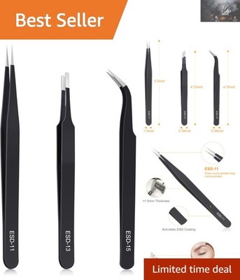 Professional Grade 3 Piece Stainless Steel Tweezers Set - ESD Safe for Crafts