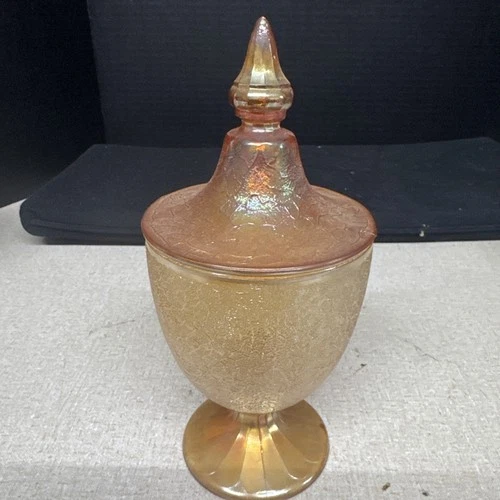 1920s Jeanette Glass Covered Candy Dish Marigold Carnival Glass Crackle Pattern