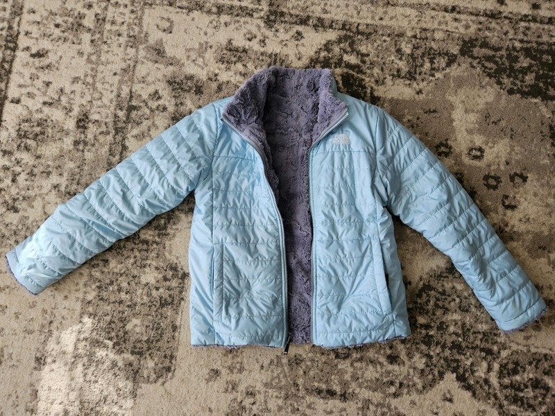 The North Face Reversible Mossbud Swirl Coat Jacket Gray Teal Girl's Size 14/16
