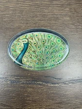 John Derian Company Decoupage Oval Paperweight Signed USA - Peacock Read