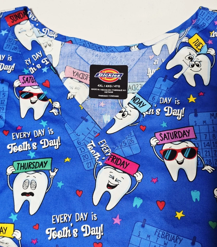 NWT Dickies V Neck Scrub Top with 2 Front Patch Pockets 4xl Dentist Tooth Theme - Image 2 of 4