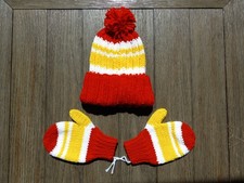 Set Of Hat And Mittens Handmade Knitted Acrylic Yarn Colors Size Kids Ages 3-7