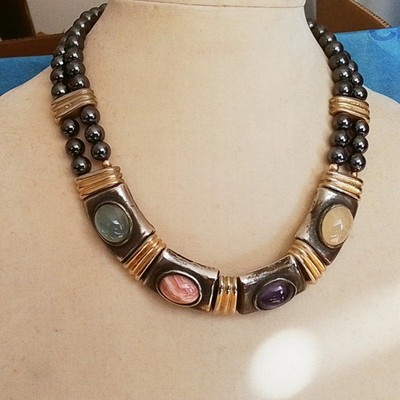 Vtg Francesca Romana Beaded Necklace, Gold/Silvertone, Semi Precious Stones, 18''