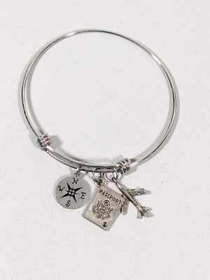 Silver Tone Travel Airplane Passport Compass Charm Expandable Bracelet 8 inches