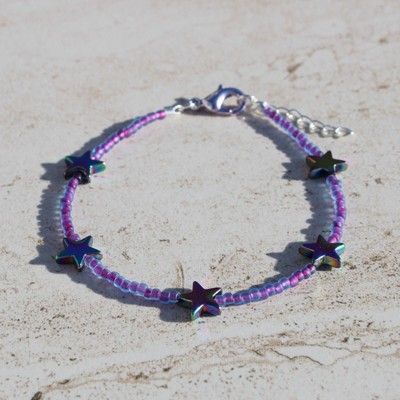 Purple Beaded Bracelet with Rainbow Star Charms