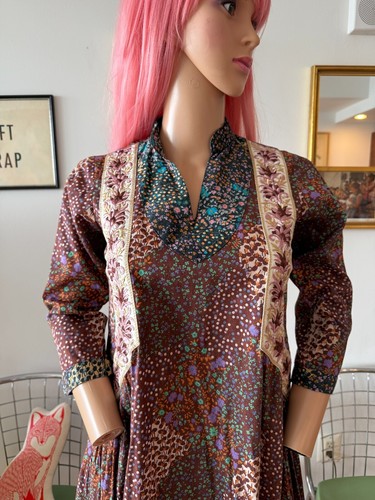 Vintage 70s Boho Hippie Patchwork Cotton Kaftan Circle Skirt Maxi Dress M - Picture 5 of 8
