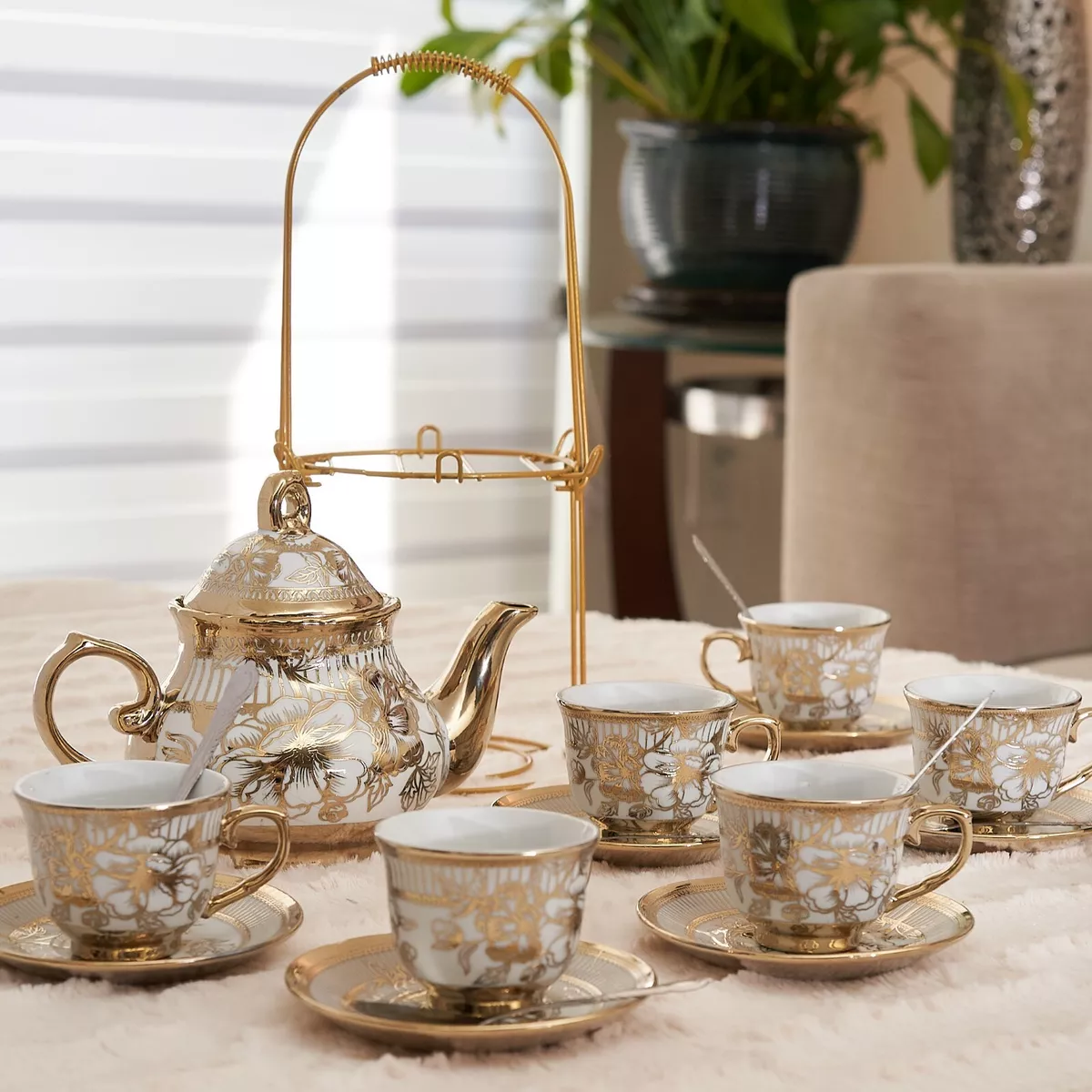 20 pc Tea Set /Tea Pot 6 Cups + Saucers, Rack Coffee Cup Set Gold tone 3 oz  Cups