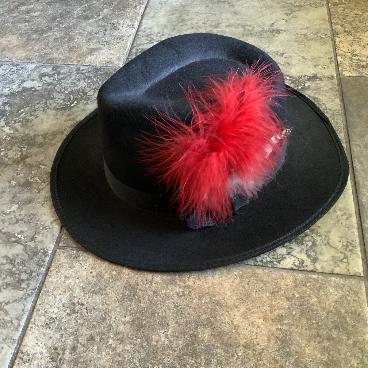 Adult Black Felt Hat Red Feathers Fedora Halloween Role Play