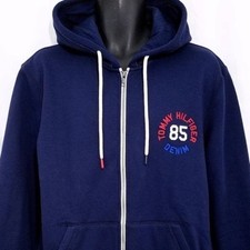 Tommy Hilfiger Sweatshirt Hoodie Mens Size Large Blue Full Zip Spell Out Retro