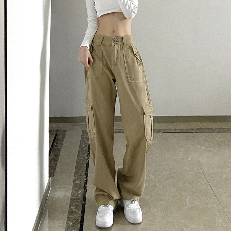 Khaki Cargo Jeans Fashion Pocket High Waist Pants Baggy Wide Leg Denim  Trouser
