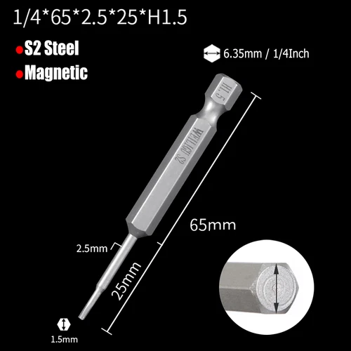 H0.9 to H14 Hexagon Magnetic Bit Socket Wrenches S2 Steel 1/4" for Hexagon Bolts - Picture 23 of 30