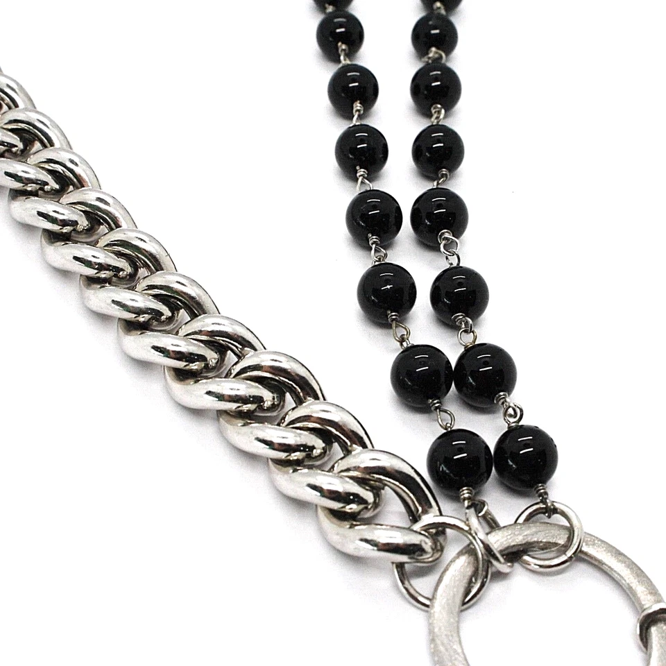 COLLANA ARGENTO 925 DOPPIA FILA ONICE CATENA GOURMETTE E CON CUORE LAVORATO - Immagine 4 di 4