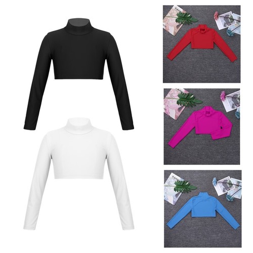Kids Girls Crop Tops Long Sleeve Turtleneck Shirt Ballet Gymnastics Dancewear - Picture 6 of 265