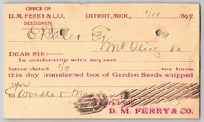 1899 Adv. Payment Conf. Postcard D.M. Ferry Seeds Seedsmen Detroit E. Baker*