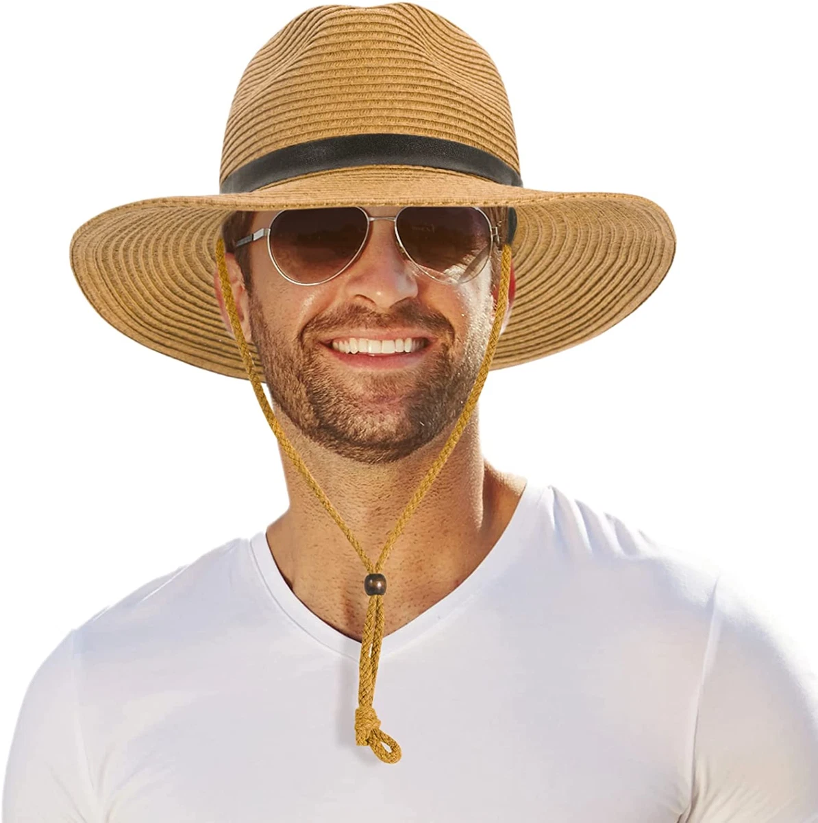 Men Wide Brim Straw Hat,Man Summer Beach Sun Hat UPF50+, Sun - Protected  Straw H