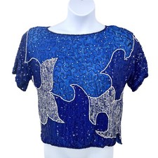 VINTAGE IN FASHIONS BLUE BEADED, PEARL, SEQUIN SHORT SLEEVE SILK TOP - S