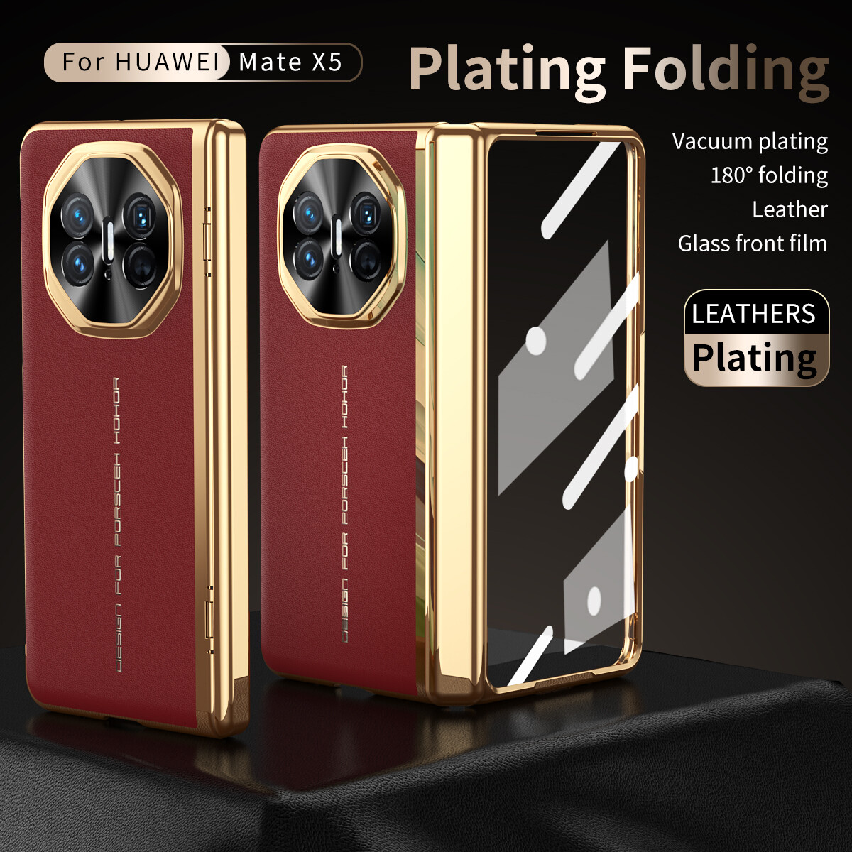 For Huawei Mate X5 Luxury New Style Plating Hybrid Leather Case Cover Glass Film-image
