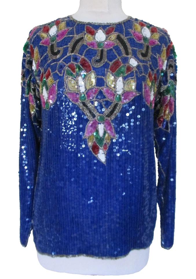 Top Vintage Años 80 Lentejuelas Azul Seda Manga Larga Diseño Multicolor M Mujer Foto 2 de 4