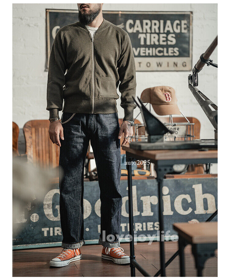 Bronson WW2 USAAF C-2 Flying Sweater Men Full-Zip Woolen Knited