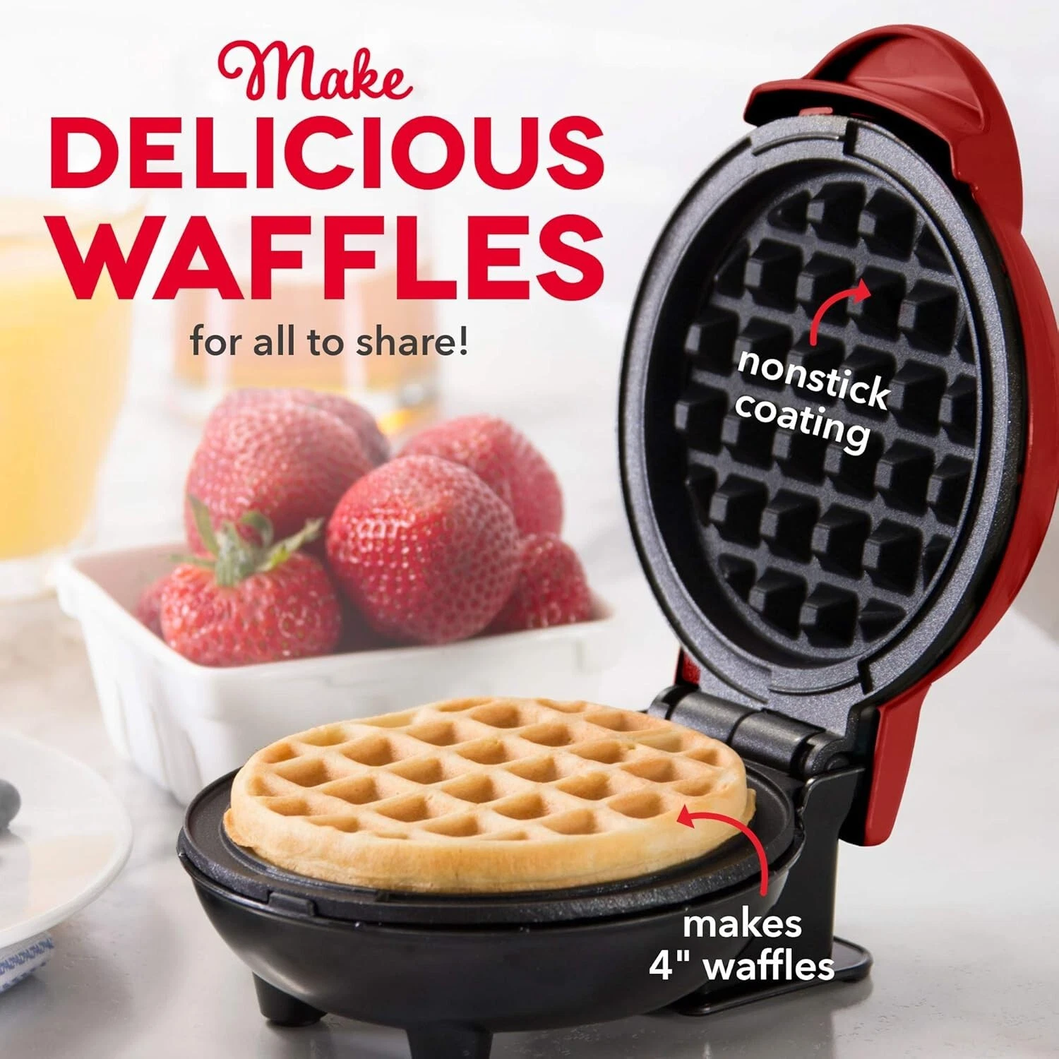 DASH Mini Maker for Individual Waffles & More Non-Stick Surface 4 Inch Red