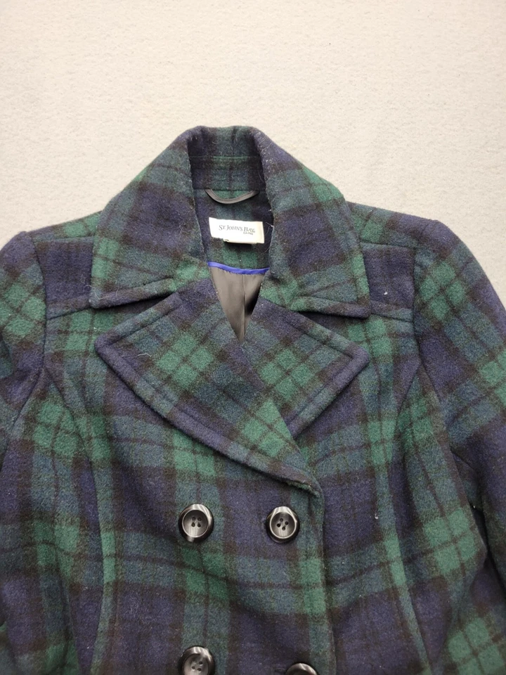 Abrigo de mujer St. John's Bay Pea mediano azul/verde bolsillos mezcla de lana a cuadros Foto 3 de 4