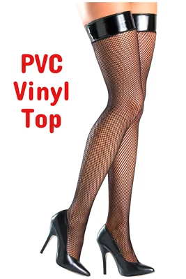 LEG AVENUE H2256 Calze Autoreggenti in Rete Nere con Balza in PVC Vinile Latex Lucido Gloss