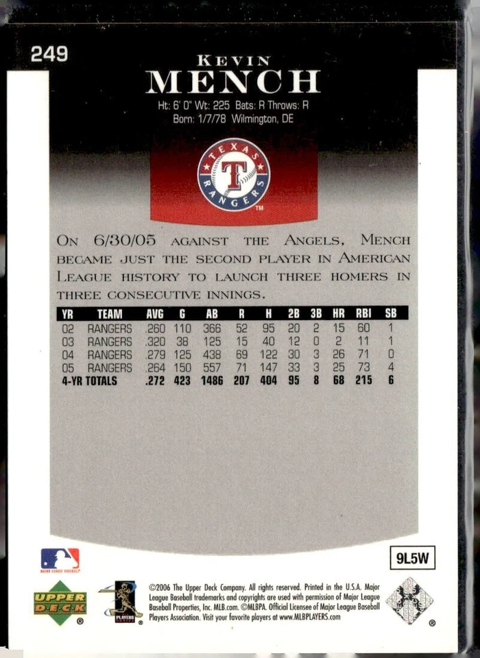 2006 Upper Deck Epic Kevin Mench #249 Serial #124/450 - Image 2 of 2