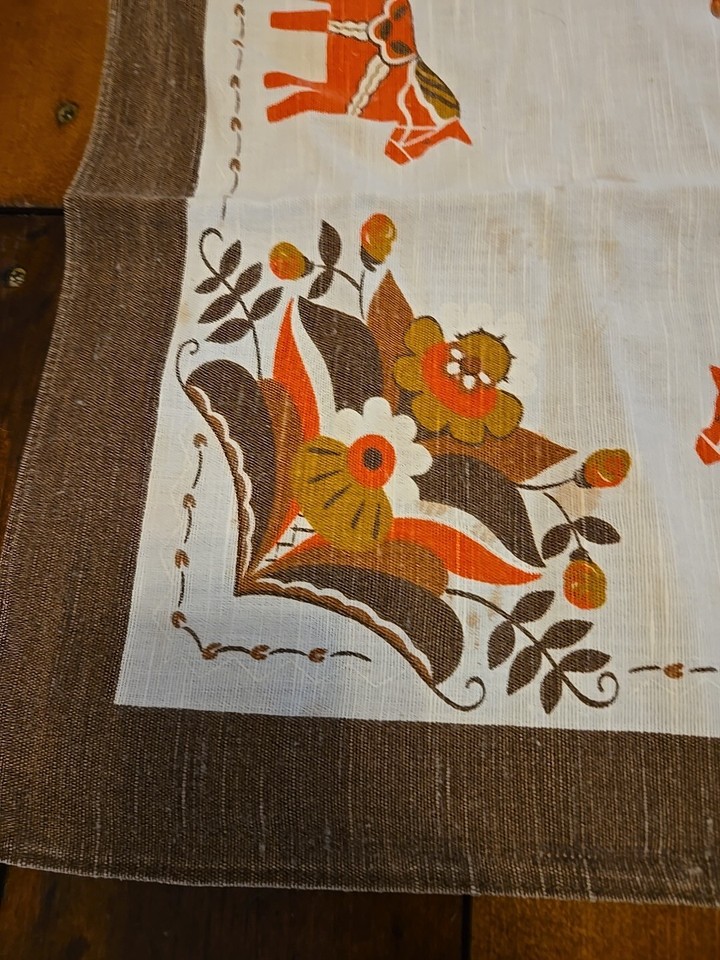 Vintage Brown Red Tablecloth Linen Swedish Dala Horse Square 34 x 31