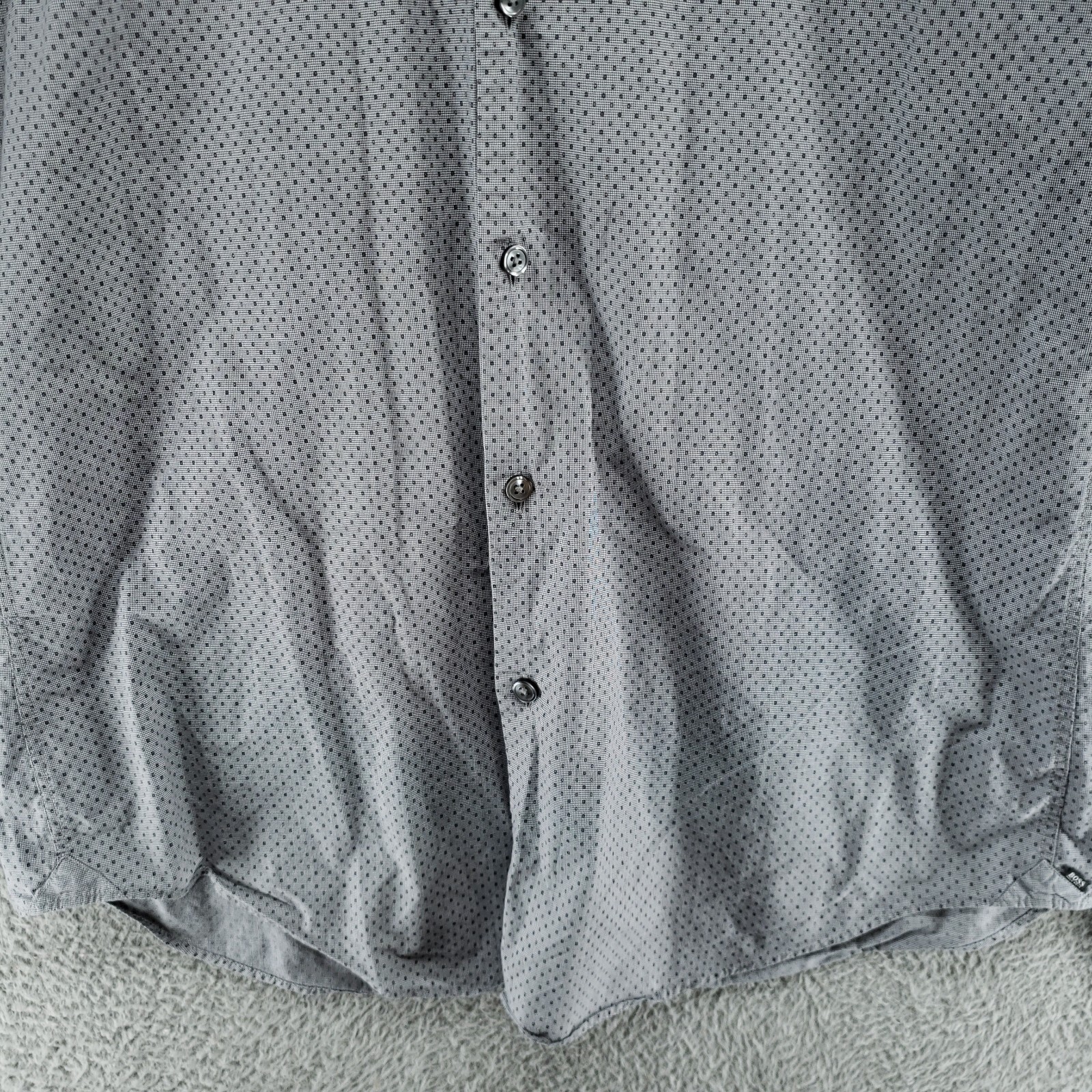 HUGO BOSS Ridley_36F Dress Shirt Mens L Slim Fit Gray Dot Check Egyptian Cotton