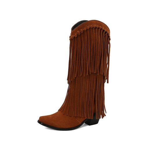 Womens Knee High Boots Mid Chunky Block Heels Tassels Western Riding Boot Autumn - Imagen 12 de 29