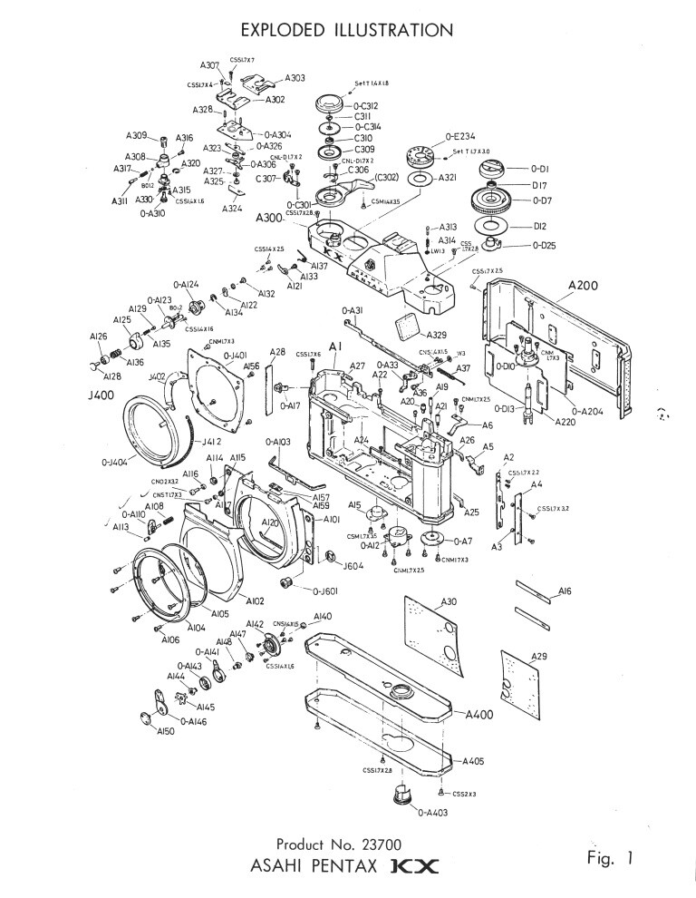 Asahi Pentax KX, K1000 Parts List with Exploded Views for Repair