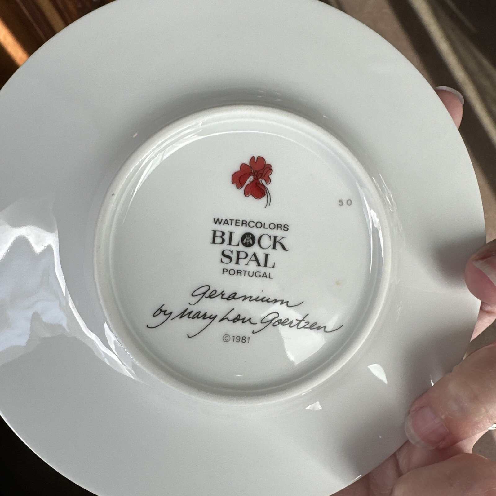 Block Spal Watercolors Geranium Saucer Mary Lou Goertzen 1981 EUC