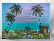 Capanna spiaggia dipinto acrilico originale 9x12 tela mare paesaggio marino arte costiera