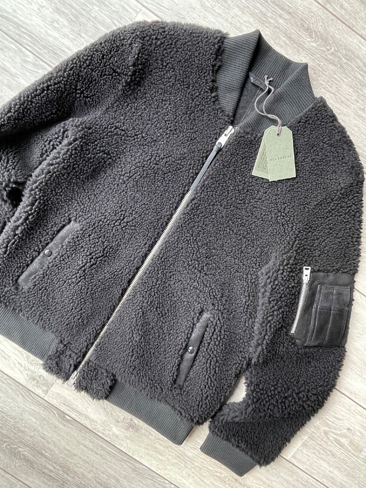 ALL SAINTS MEN'S BLACK "DALE" SHEEPSKIN BOMBER JACKET COAT XL NEW