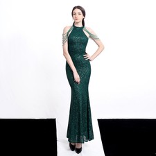 New Sexy Elegant Banquet Long Hanging Neck with Diamond Sequin Fish Tail Evening