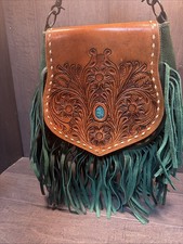 American Darling Tan  Green Tooled Leather Messenger Bag Floral Design/Fringe