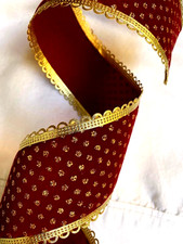 Christmas Burgundy Velveteen 2.5" x 3 yd Wired Ribbon Gold Metallic Tiny Dots