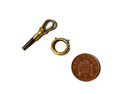 Antiker Taschenuhrbeweger Schlüssel an Albert Schließe & 14mm Bolzenring Schmuck #SC