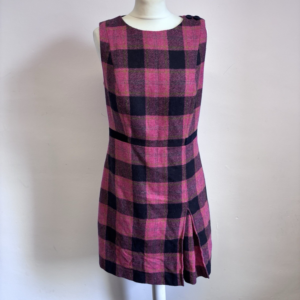 Hobbs Wool Pinafore Dress Size 12 Pink Check Moon Tweed Lined