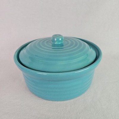 Vintage L.A. Bauer Turquoise Green Casserole Covered Dish Round with Lid Pottery