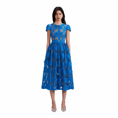 NWT Self-Portrait Blue Poppy Lace Midi Dress Belted A-Line Floral Size 6 8  (078) | eBay