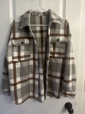 Women's Grey and Brown Plaid Flannel Button-Up Shacket Jacket