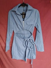  Pretty Little Thing Blue Woven Cut Out Tie Skirt Size 10 Detail Bodycon Dress 