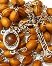 Blessed Catholic Rosary Necklace Olive Wood Oval Beads Jerusalem Soil Crucifix