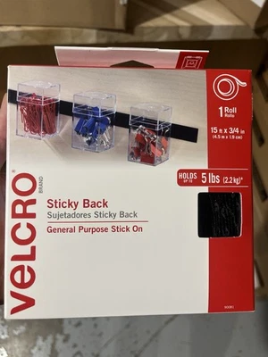 VELCRO Brand Sticky Back Tape Roll, 15' x 3/4", Black Hook & Loop NEW