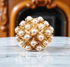 Round Genuine Pearl Vintage Cluster Engagement Ring 14K Vermeil Gold Plated