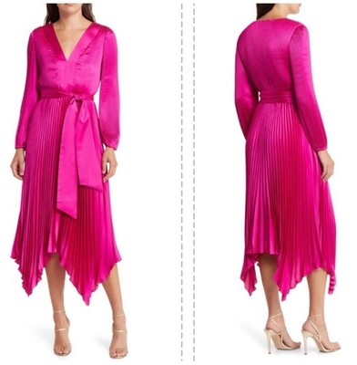 NWT Milly womens Liora Pleated Satin Midi Dress size 2 pink 