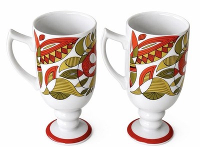 2 Royal Crown Arnart Tina 3803 MCM Abstract Footed Mugs Orange Green Red