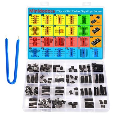 IC Chips kit Minidodoca 173 pcs 20 Values Chip Assortment Set+12 pcs Sockets;Int